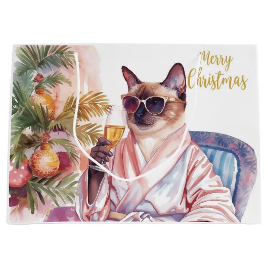 Siamese Cat Glam Christmas  Sipping Champagne  Groot Cadeauzakje (Voorkant)