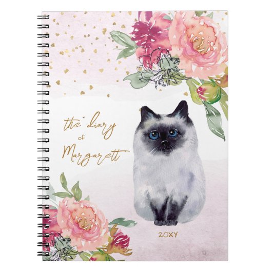 Siamese Cat Illustration Flowers Girl Daily Diary Notitieboek (Voorkant)