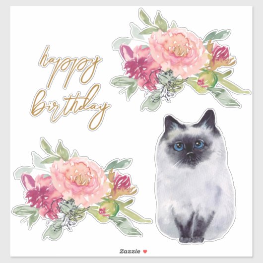 Siamese Cat Illustration Happy Birthday Girl Party Sticker (Vel)