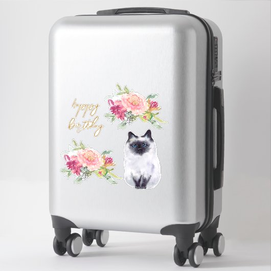 Siamese Cat Illustration Happy Birthday Girl Party Sticker (Koffer)