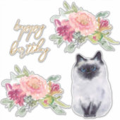 Siamese Cat Illustration Happy Birthday Girl Party Sticker (Voorkant)