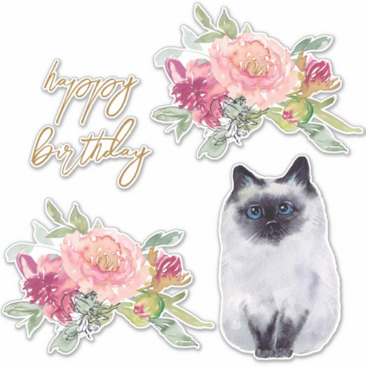 Siamese Cat Illustration Happy Birthday Girl Party Sticker (Voorkant)