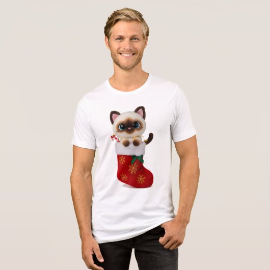 Siamese Cat in Christmas Stocking with Lights Tri-Blend Shirt (Voorkant volledig)