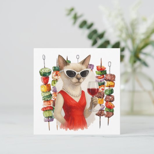 Siamese Cat is drinking wine Barbecue party  Kaart (Staand voorkant)