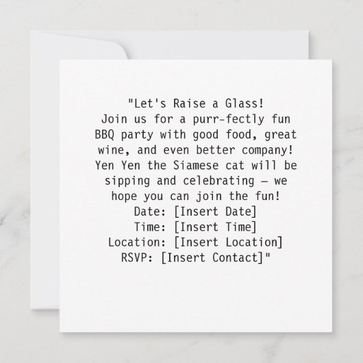 Siamese Cat is drinking wine Barbecue party Kaart (Achterkant)