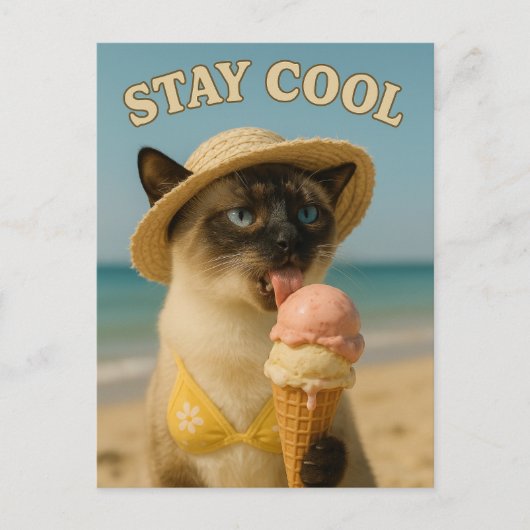 Siamese Cat is licking ice cream stay cool Briefkaart (Voorkant)