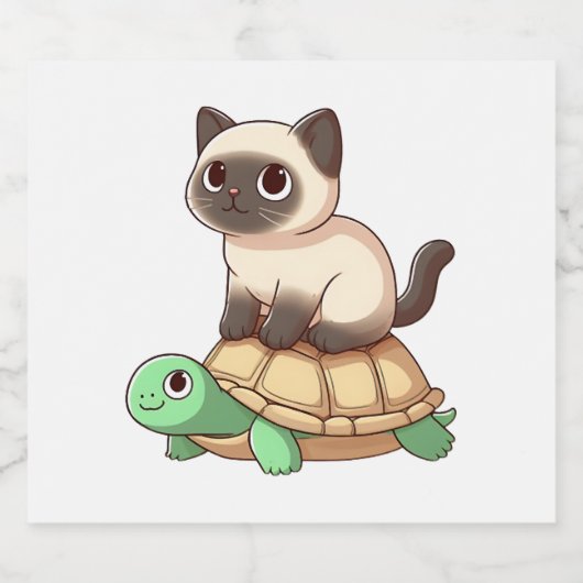 Siamese cat rides turtle Copy Sparkling Wijnetiket (Enkel label)