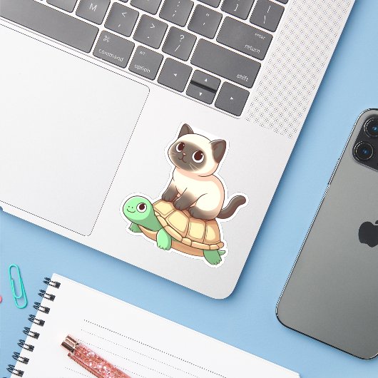 Siamese cat rides turtle Copy Sticker (Laptop met iPhone)