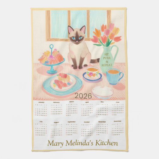 Siamese Cat & Tea Party Kitchen Towel Calendar Theedoek (Verticaal)