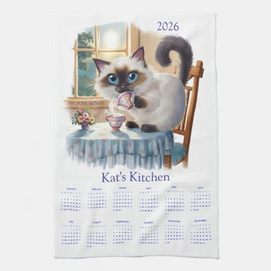 Siamese Cat Tea Time 2026 Calendar Kitchen Towels Theedoek (Verticaal)