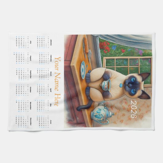 Siamese Cat Tea Time 2026 Tea Towel Calendar Theedoek (Horizontaal)