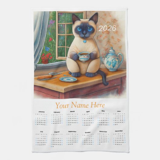 Siamese Cat Tea Time 2026 Tea Towel Calendar Theedoek (Verticaal)