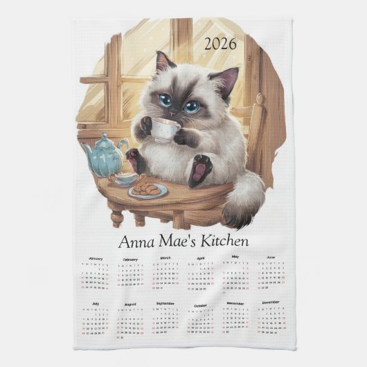 Siamese Cat & Tea Time Kitchen Towel Calendar  Theedoek (Verticaal)