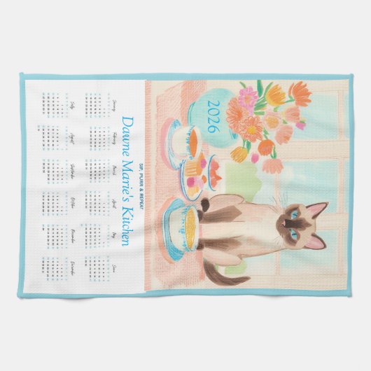 Siamese Cat, Teacups & Tea Towel Calendar Too Theedoek (Horizontaal)