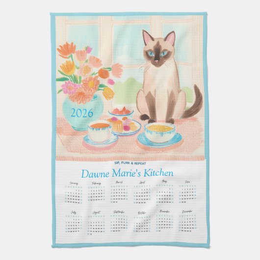 Siamese Cat, Teacups & Tea Towel Calendar Too Theedoek (Verticaal)