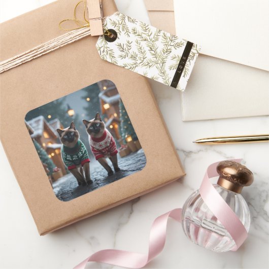 Siamese Cats Christmas Snow Holiday Vierkante Sticker (Geschenken)
