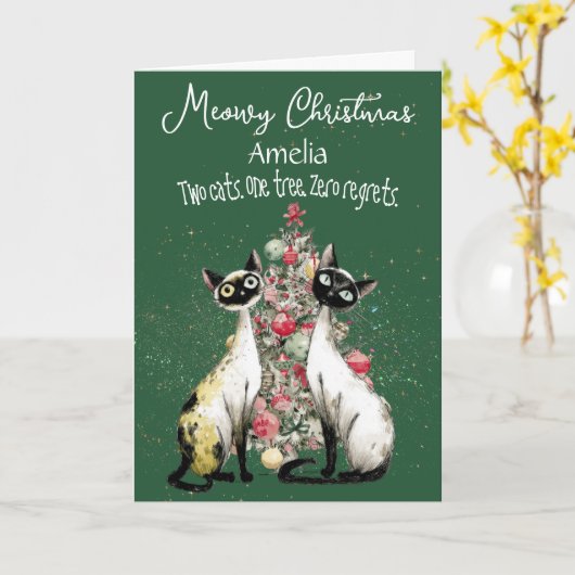 Siamese Cats In Front Of A Tree Christmas Card Kaart (Gele Bloem)