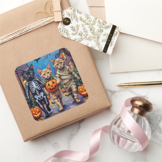 Siamese Cats Trick-or-Treating Halloween Costumes Vierkante Sticker (Geschenken)