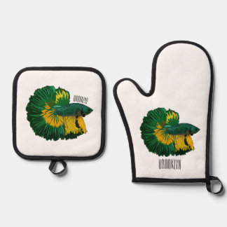 Siamese gevechtsvis cartoon illustratie ovenwant & pannenlap set