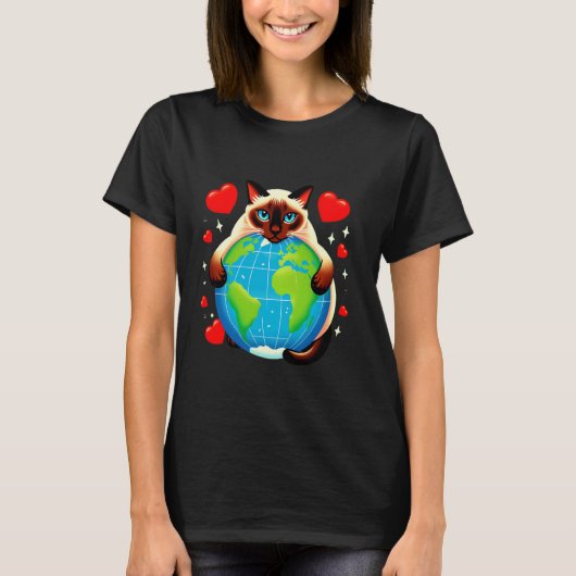 Siamese Kat Aardedag Knuffel Liefde Eigenaar Plane T-shirt (Voorkant)