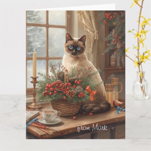 Siamese Kat arrangeert Bloemen Winter Kerstmis Kaart (Gele Bloem)