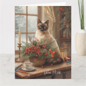 Siamese Kat arrangeert Bloemen Winter Kerstmis Kaart (Voorkant)