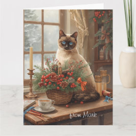 Siamese Kat arrangeert Bloemen Winter Kerstmis  Kaart