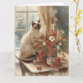 Siamese Kat arrangeert Bloemen Winter Kerstmis  Kaart (Gele Bloem)