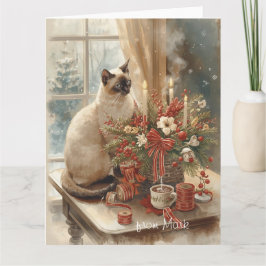 Siamese Kat arrangeert Bloemen Winter Kerstmis  Kaart