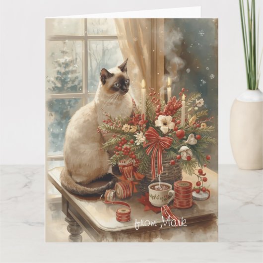 Siamese Kat arrangeert Bloemen Winter Kerstmis  Kaart (Voorkant)