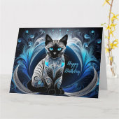 Siamese kat, Blauw en wit abstract Verjaardag Kaart (Gele Bloem)