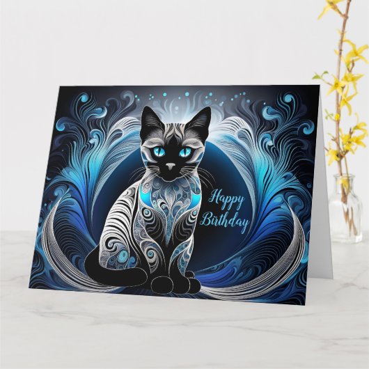 Siamese kat, Blauw en wit abstract Verjaardag Kaart (Gele Bloem)