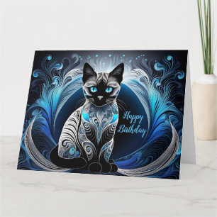 Siamese kat, Blauw en wit abstract Verjaardag Kaart