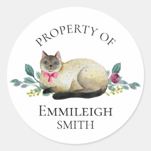 Siamese Kat Bloem Eigendom van Boekplaat Ronde Sticker