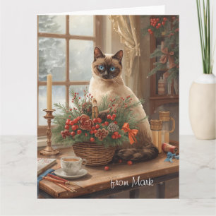 Siamese Kat Bloemen Schikken Winter Kerstmis  Kaart