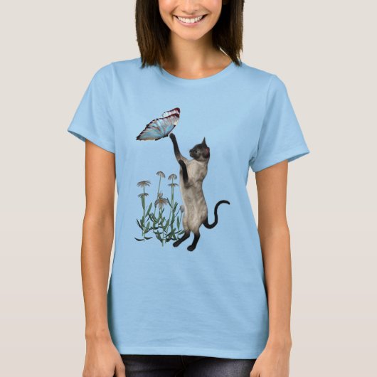 Siamese kat Butterfly Daisy Flowers T-shirt (Voorkant)
