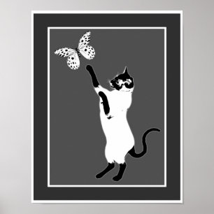 Siamese kat Butterfly zwart-wit Poster