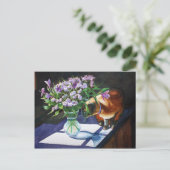 Siamese kat die het Vase van Bloemen vastmaakt Briefkaart (Staand voorkant)