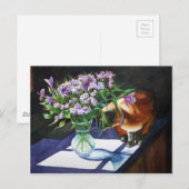 Siamese kat die het Vase van Bloemen vastmaakt Briefkaart (Voorkant / Achterkant)