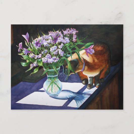 Siamese kat die het Vase van Bloemen vastmaakt Briefkaart (Voorkant)