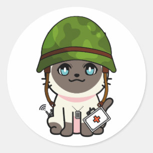 Siamese kat draagt legerhelm ronde sticker