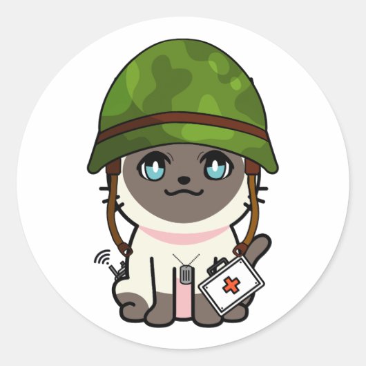Siamese kat draagt legerhelm ronde sticker (Voorkant)