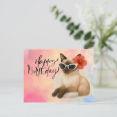 Siamese Kat Draagt Zonnebril Gefeliciteerd Verjaar Briefkaart (Staand voorkant)