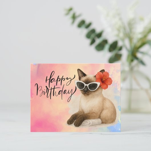 Siamese Kat Draagt Zonnebril Gefeliciteerd Verjaar Briefkaart (Staand voorkant)