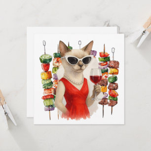 Siamese kat drinkt wijn Barbecue feestje Kaart