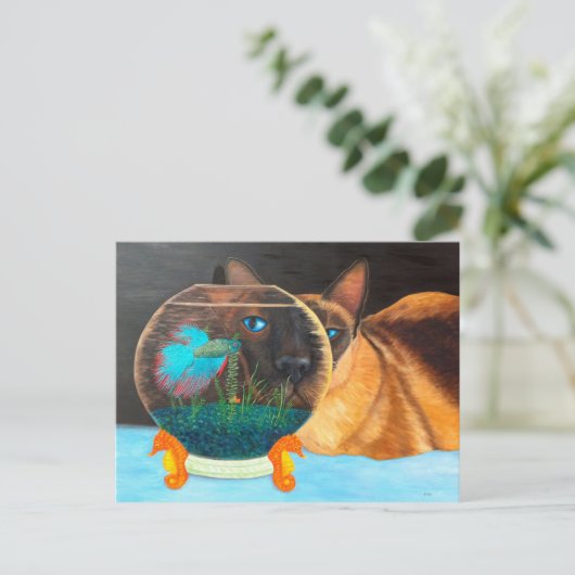 Siamese kat en Betta Fish Briefkaart (Staand voorkant)