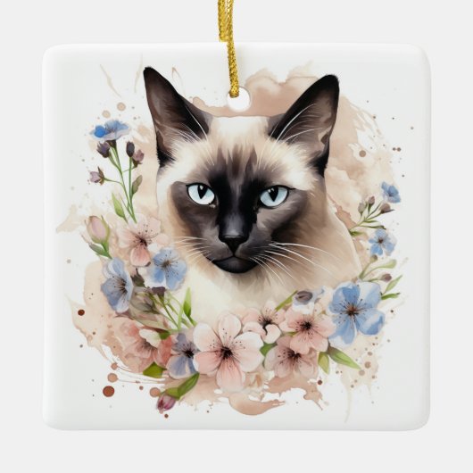 Siamese kat en bloemen Waterverf Keramisch Ornament (Voorkant)