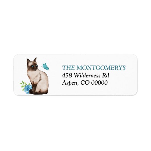 Siamese Kat en Blue Butterfly Return Address Etiket (Voorkant)
