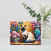 Siamese kat en boeketten in vazen aquarel briefkaart (Staand voorkant)