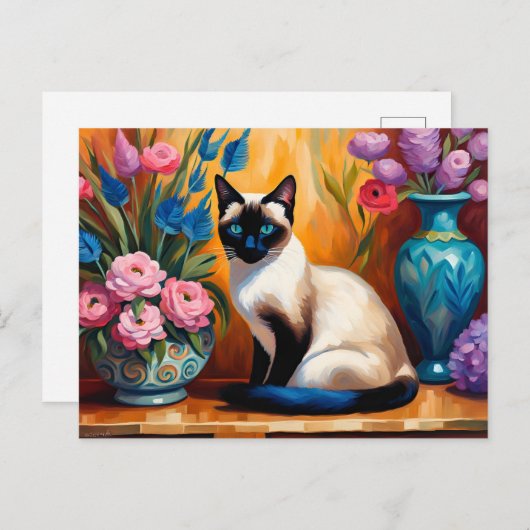 Siamese kat en boeketten in vazen aquarel briefkaart (Voorkant / Achterkant)
